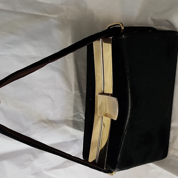 Vintage 1950s Black Velvet Handbag Purse with Strap - Picture 1 of 15